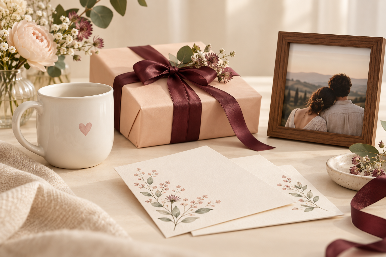 Illustrative personalised mug, wrapped gift and botanical invitation stationery