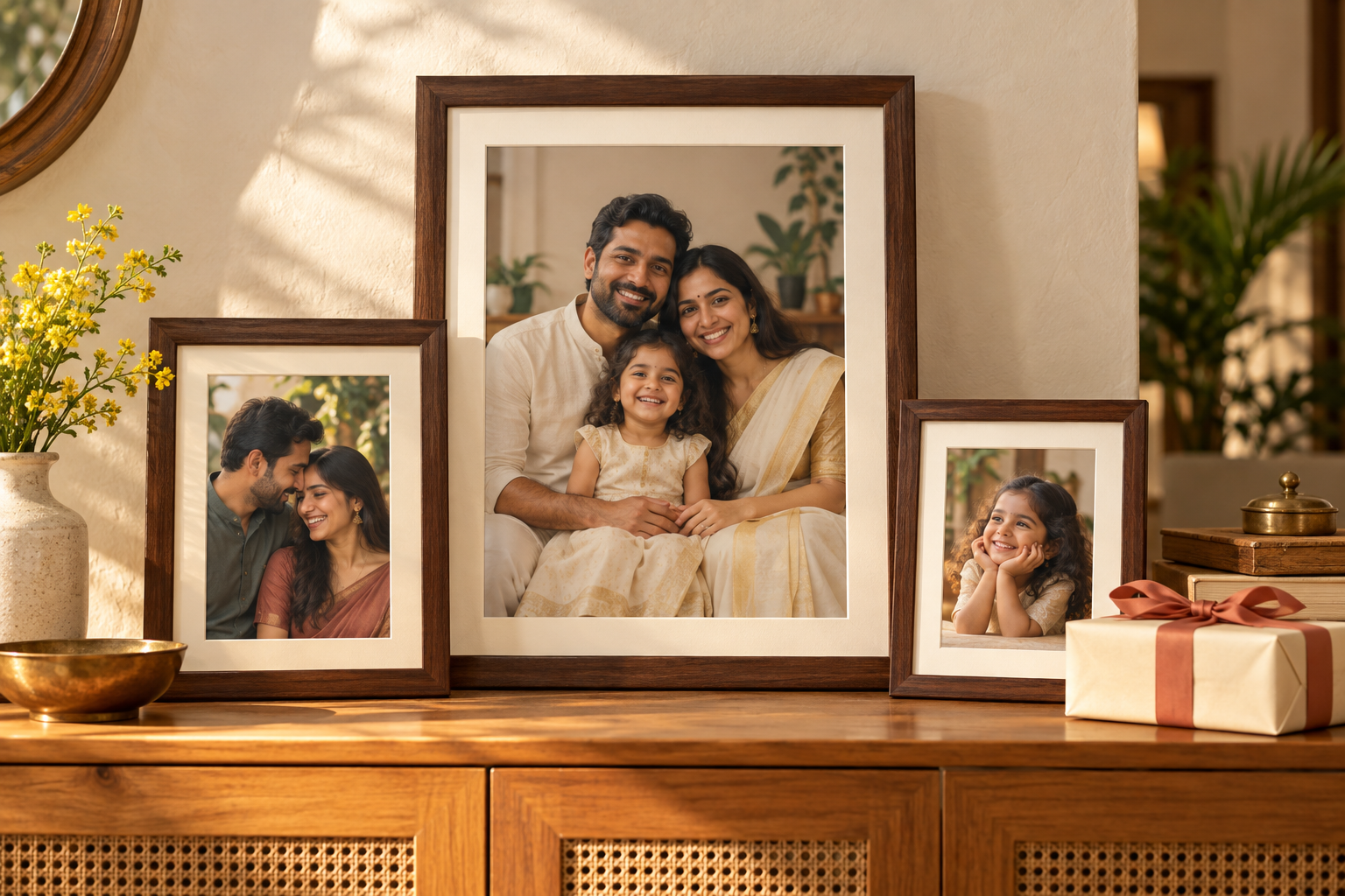 Illustrative styling of personalised family photo frames on a wooden console